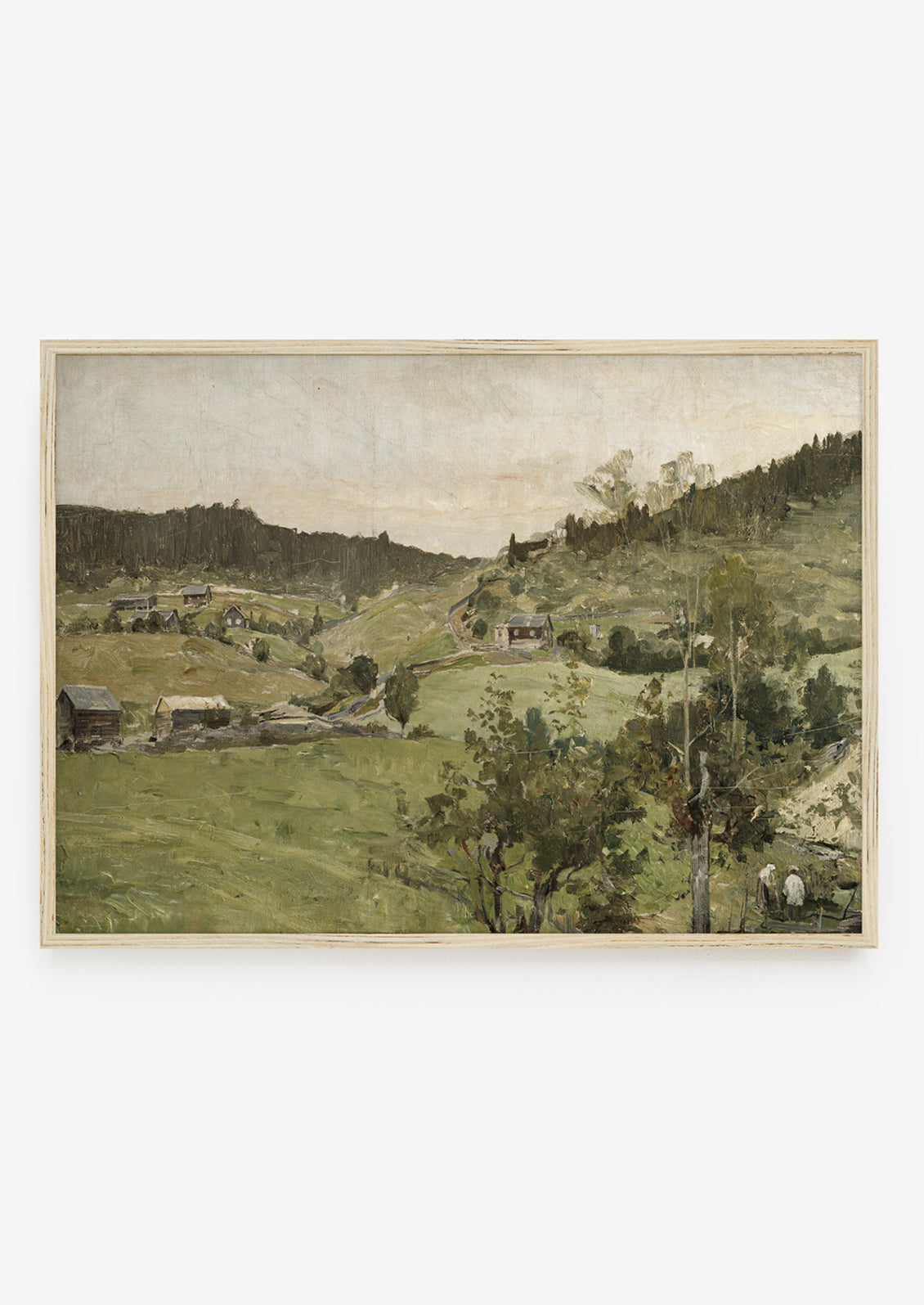 A vintage reproduction print of hilly landscape.