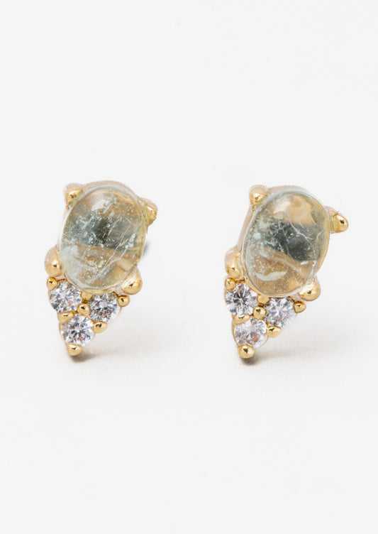 A pair of small aquamarine stud earrings in gold with crystal detail.
