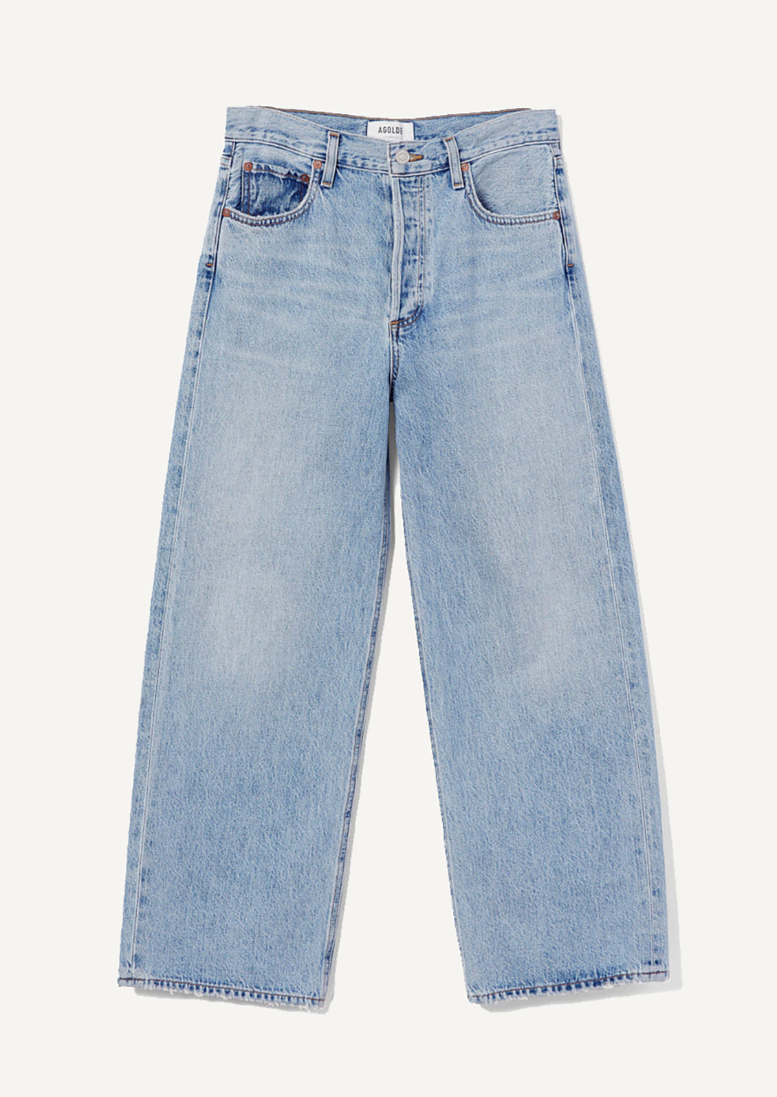 A pair of wide leg jeans in classic blue denim wash.