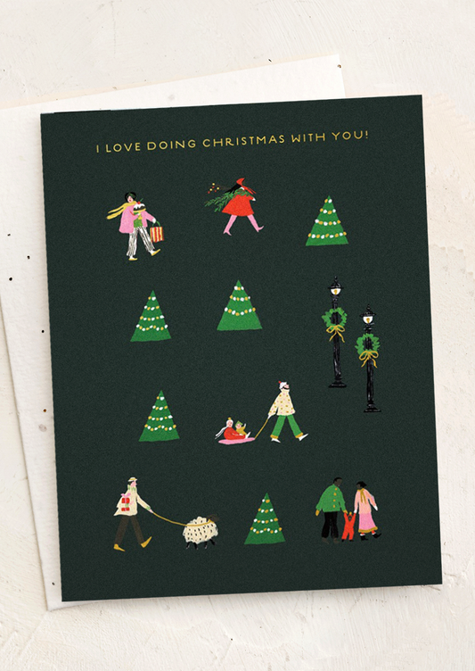 A greeting card with icons of Christmas themed things, text reads "I Love Doing Christmas With You!".