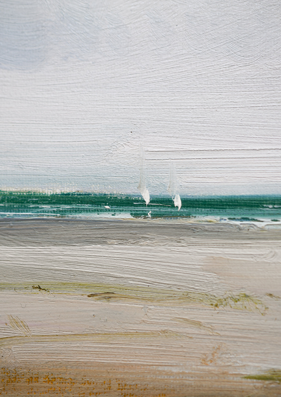 An original oil painting depicting the ocean viewed from land, two sailboats in distance.