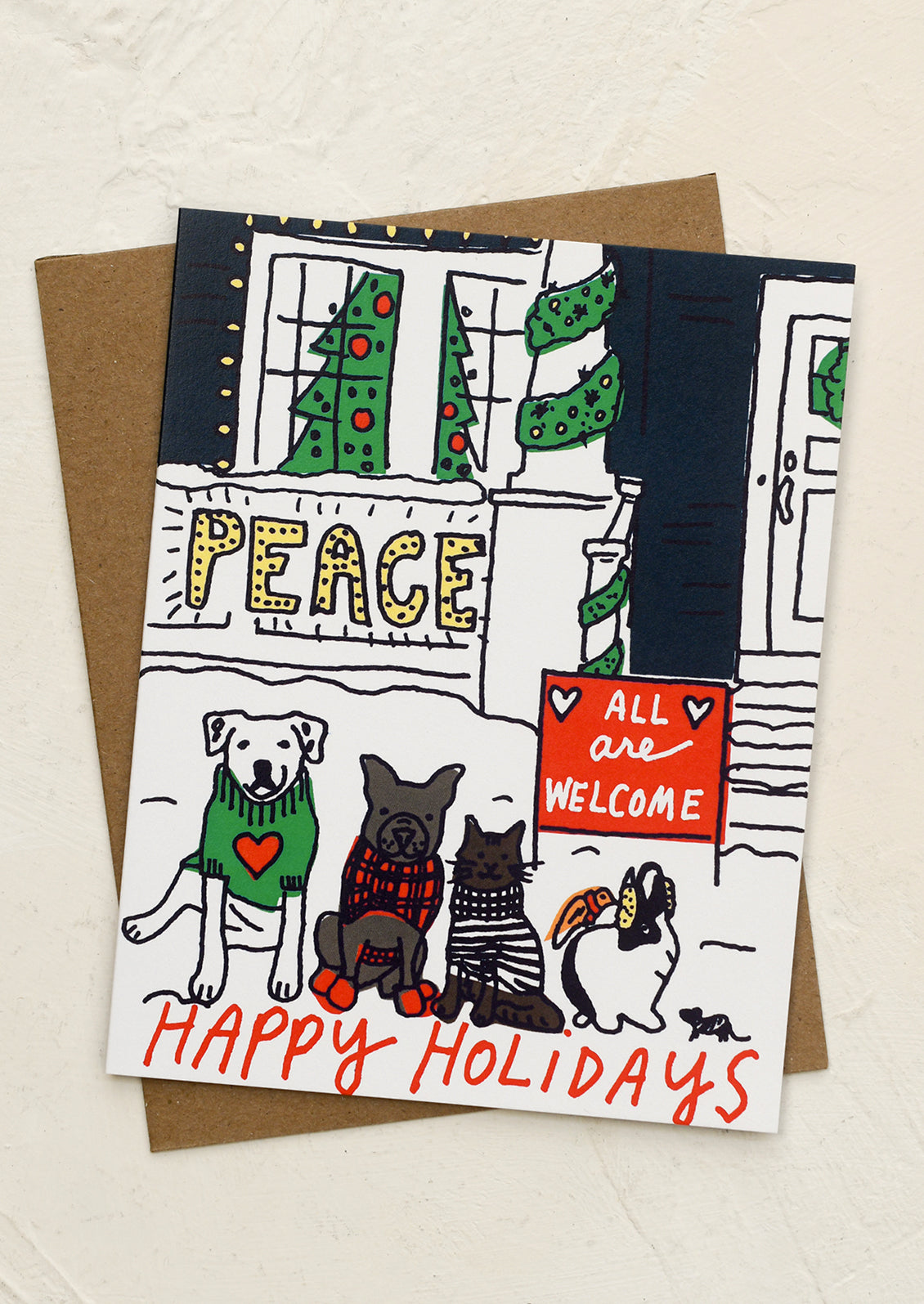 A set of illustrated cards with dogs and cats, text reads "All are welcome, Peace, Happy Holidays".