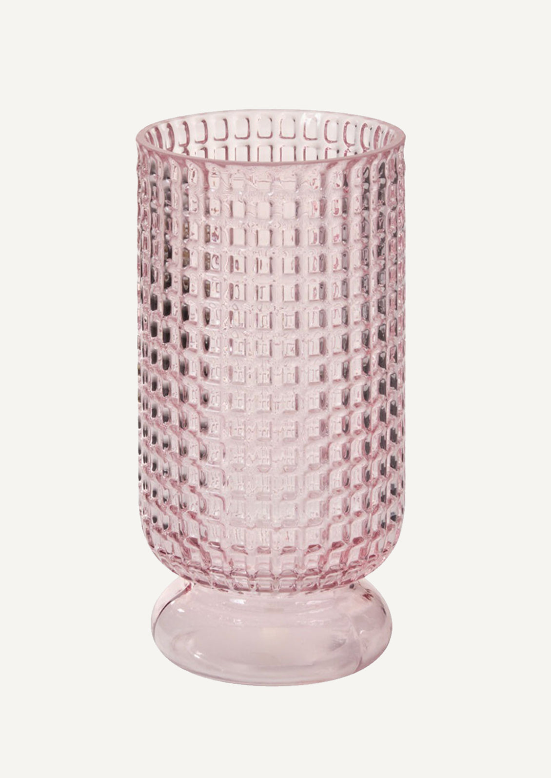 A glass vase in pale pink color with grid cube texture and footed base.