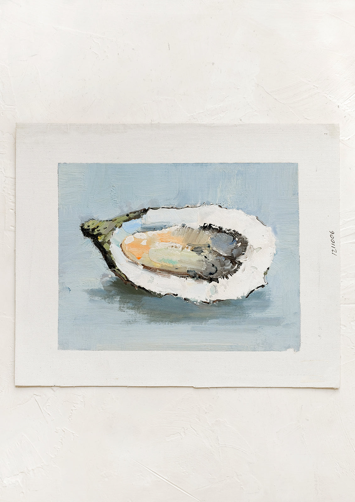 An original oil painting of oyster on blue background.