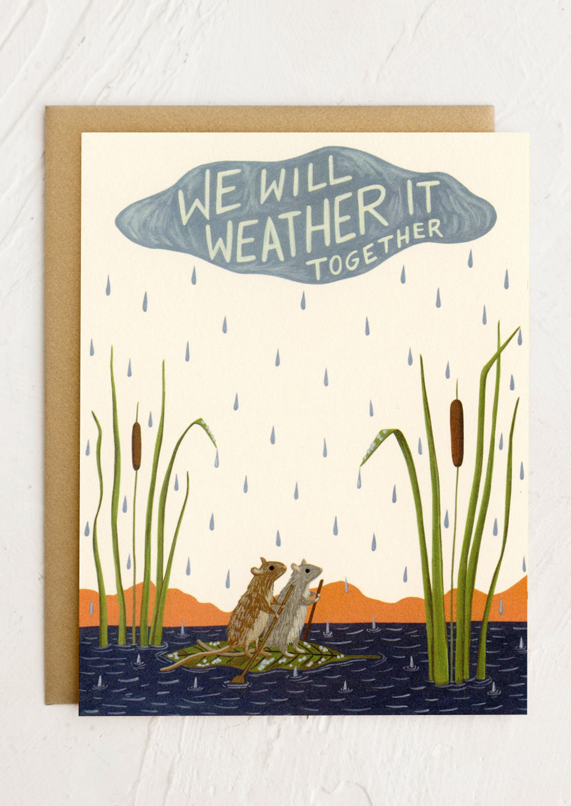 An illustrated card reading "We will weather it together".