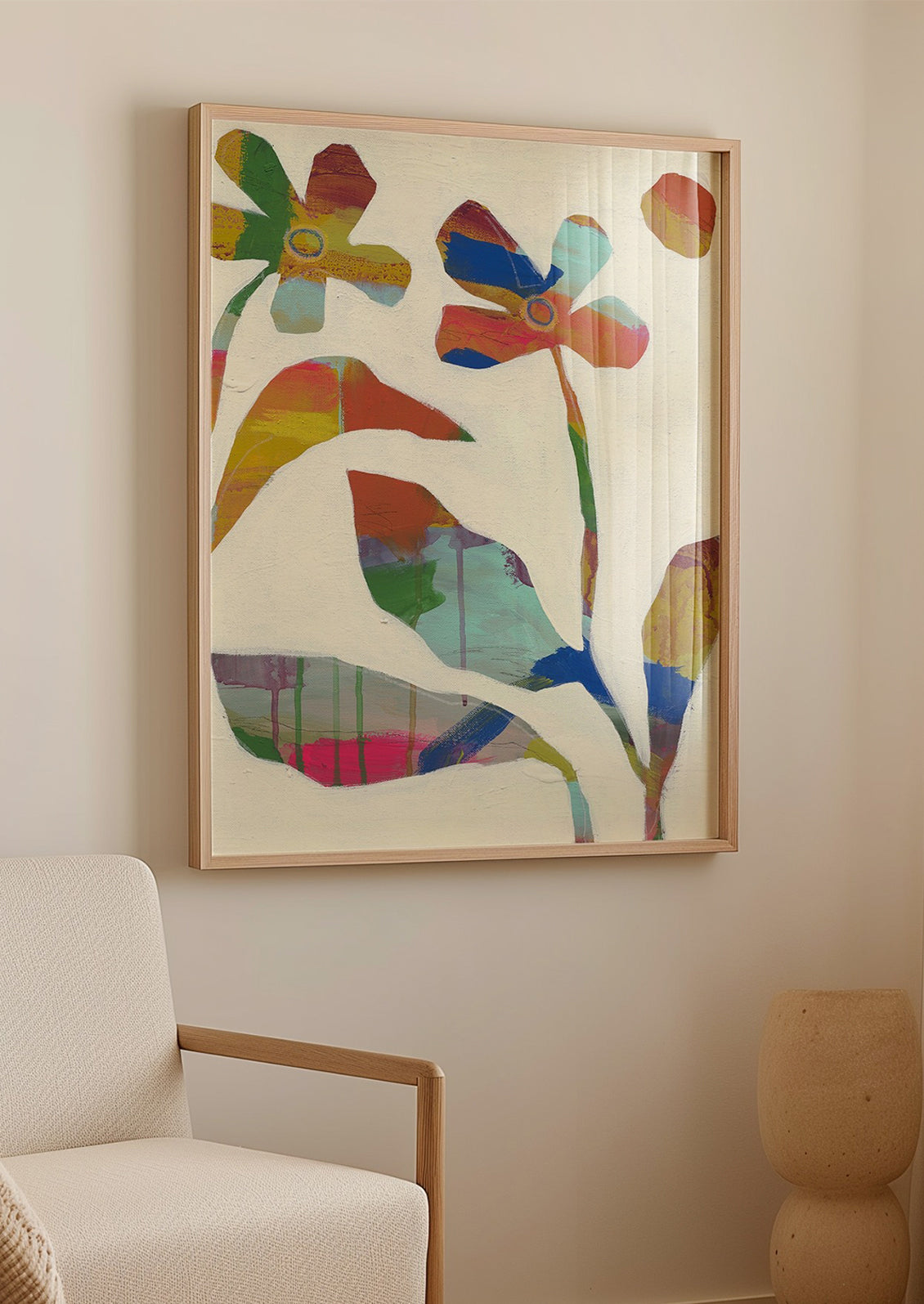 An art print of a painting of multicolor flowers.