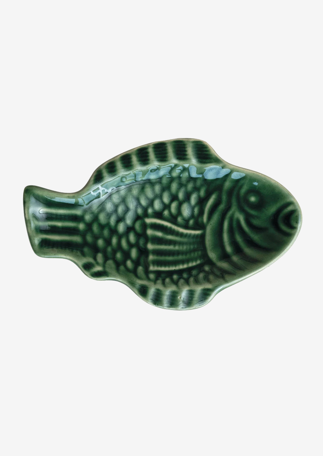 A fish shaped ceramic dish in algae green.