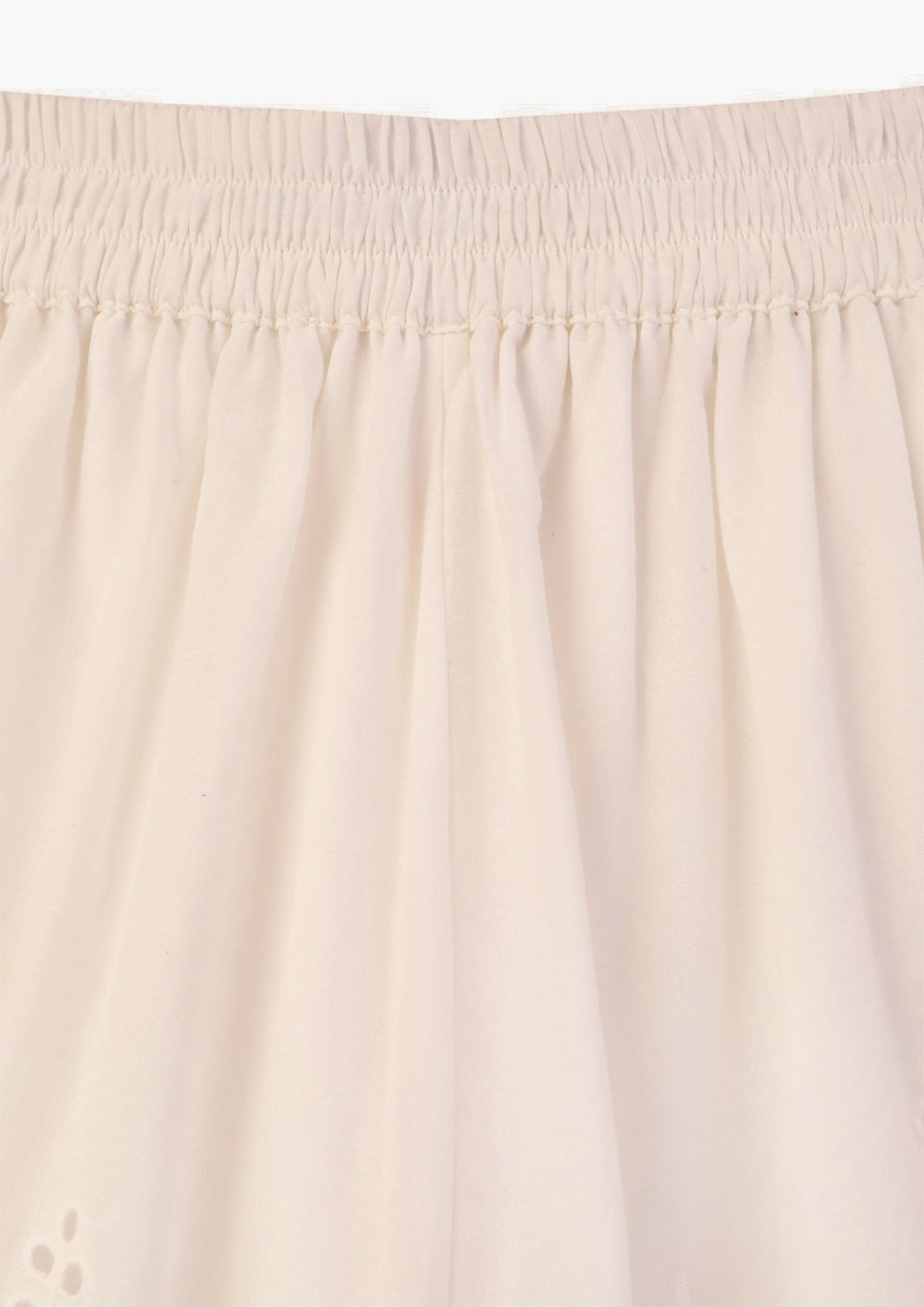 A pair of white cotton lacy shorts with elasticized waistband.