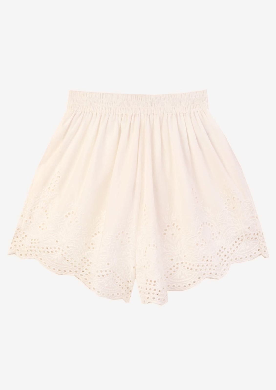 A pair of white cotton lacy shorts with elasticized waistband.