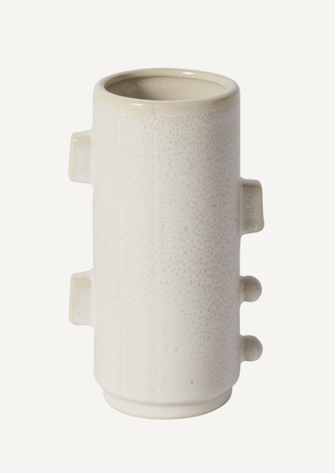 A sculptural cylindrical vase with decorative tab details in white.