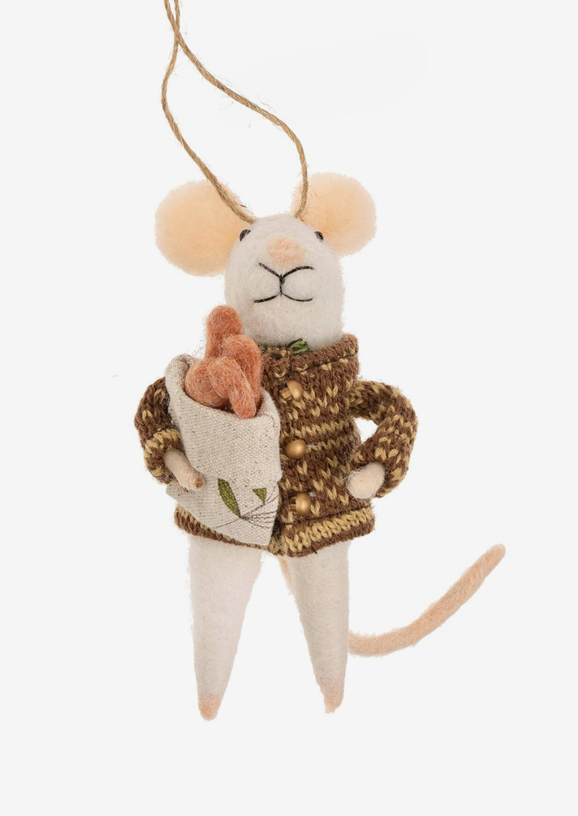 A felted white mouse ornament wearing sweater and carrying baguettes.