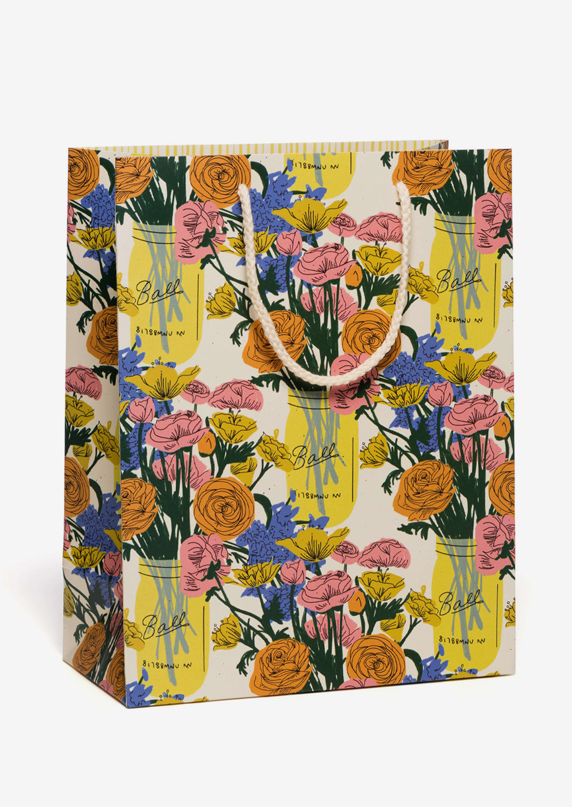 A printed gift bag with imagery of flowers in ball jar.