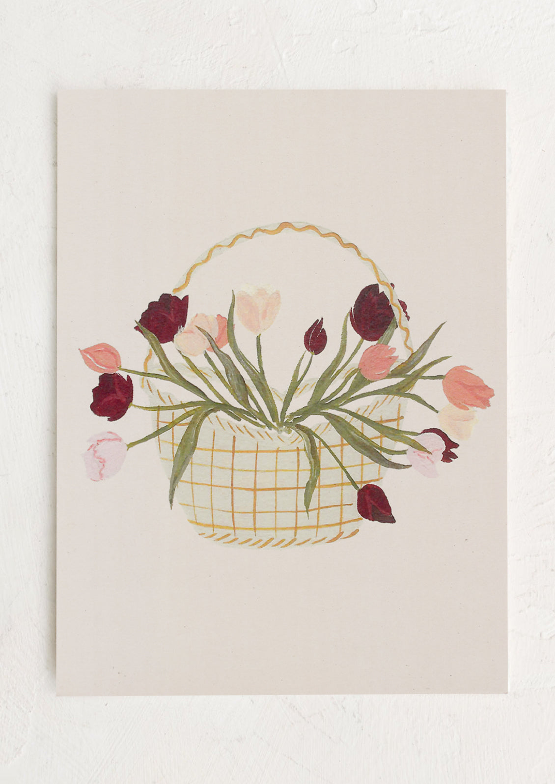 An art print with cream background and illustration of basket of tulips.