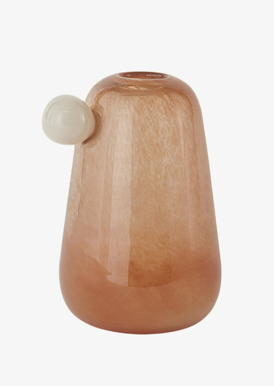 A glass vase in brown with white "bauble" knob detailing at top.