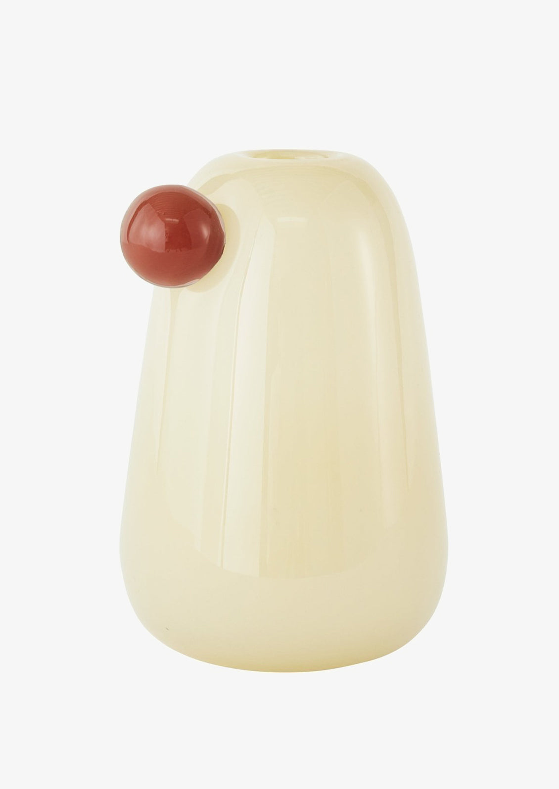 A glass vase in vanilla with brown "bauble" knob detailing at top.