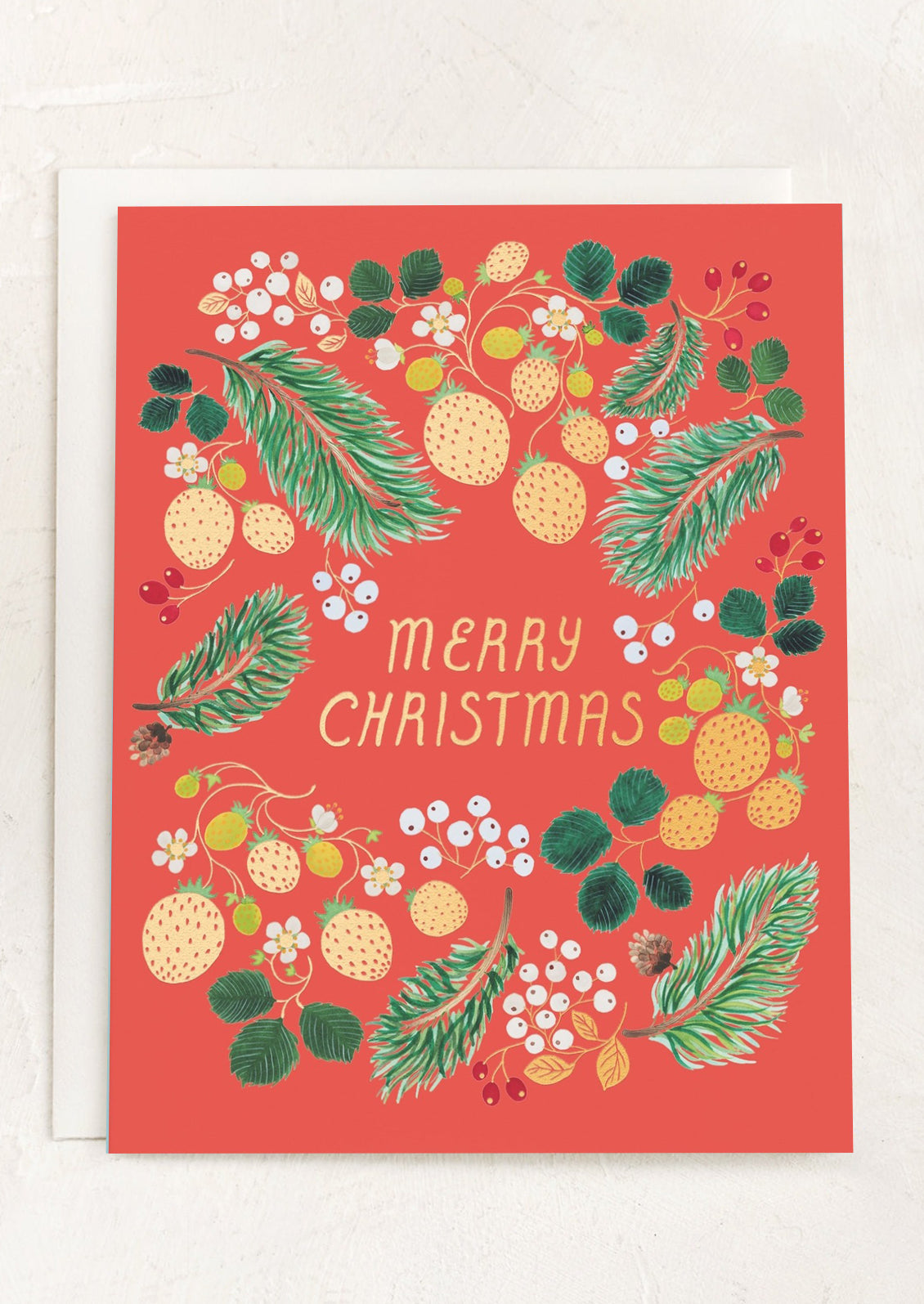 A red berry print card, text reads Merry Christmas".