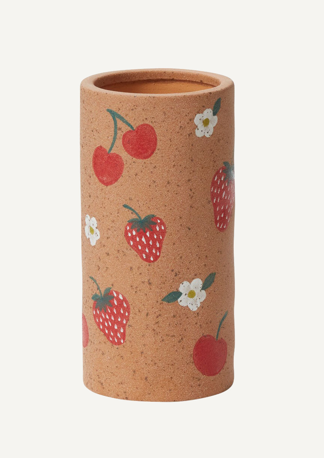 A sandy ceramic vase with painted berry pattern.