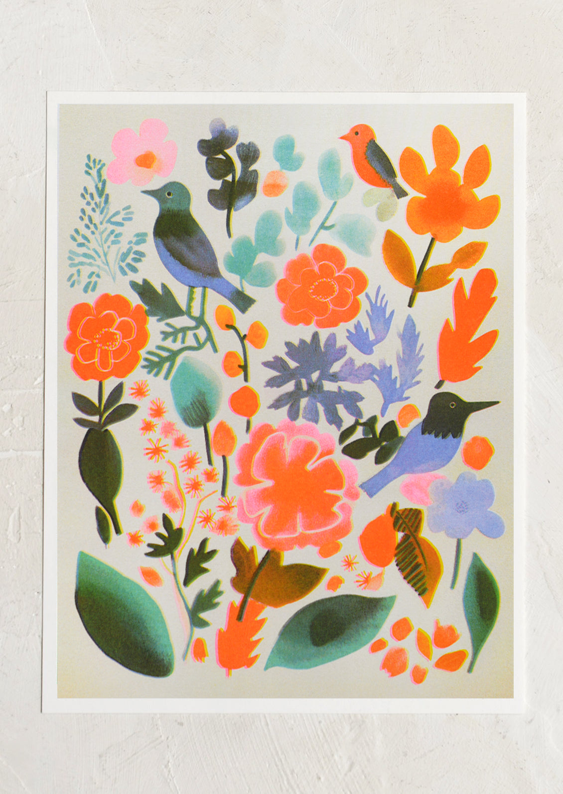 A colorful art print with neon tinged arrangement of leaves, flowers and birds.
