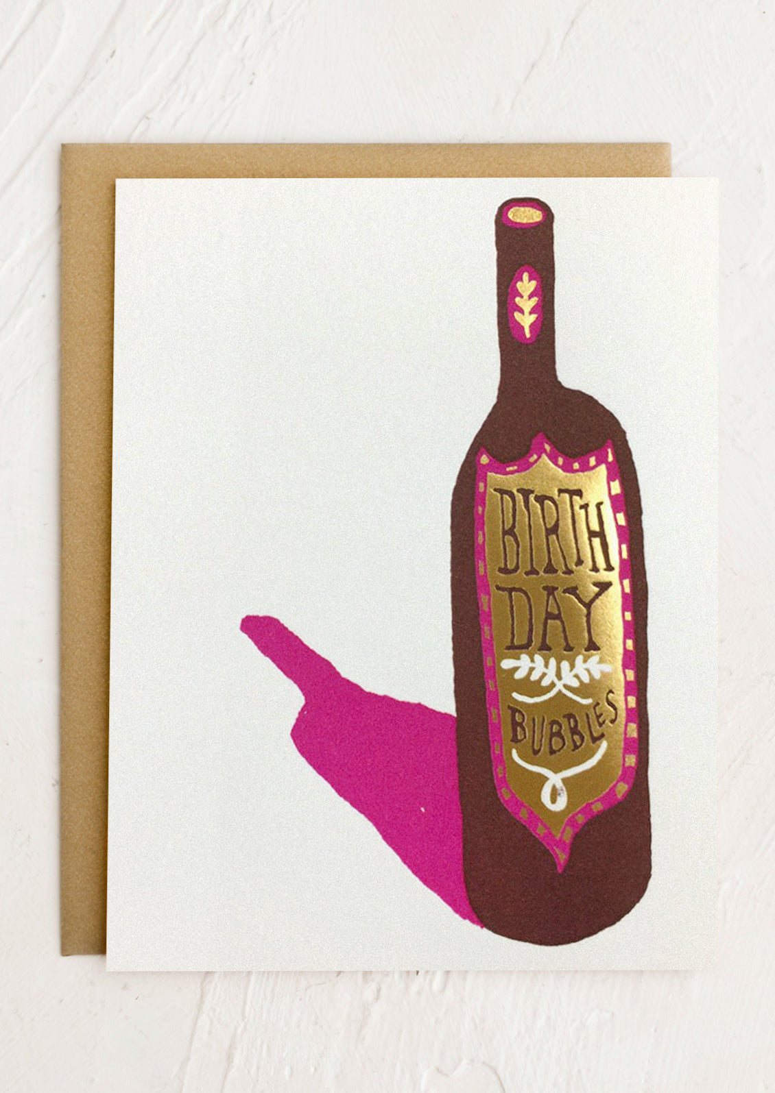 A card with illustration of wine bottle, label on bottle reads "Birthday Bubbles".