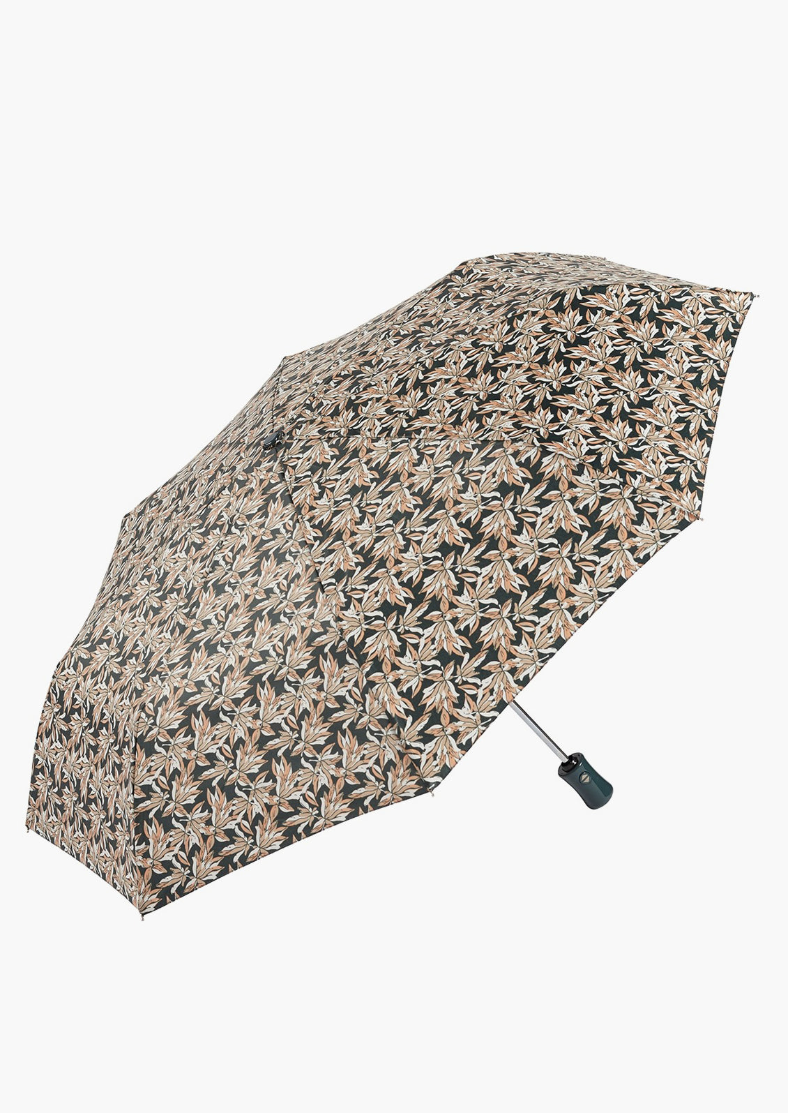 A black and tan floral print umbrella.