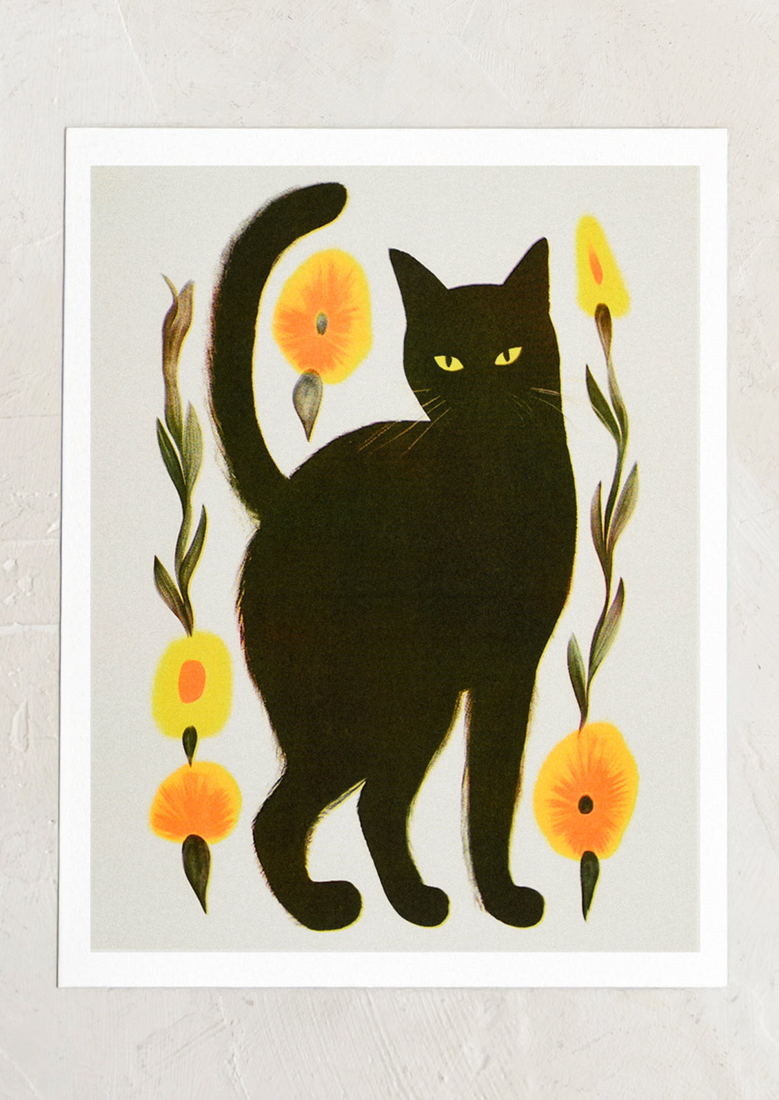 A risograph art print of black cat with orange and yellow flowers.