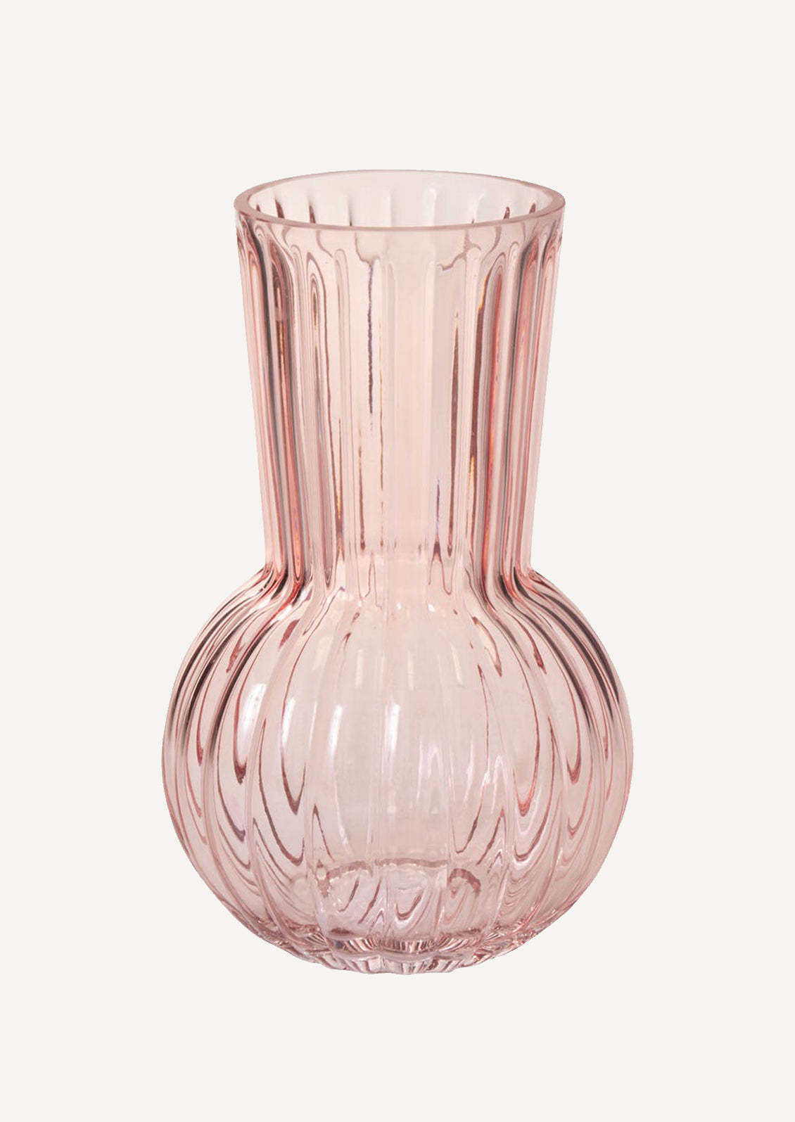 A glass vase in fluted light pink glass with bulb-like shape.