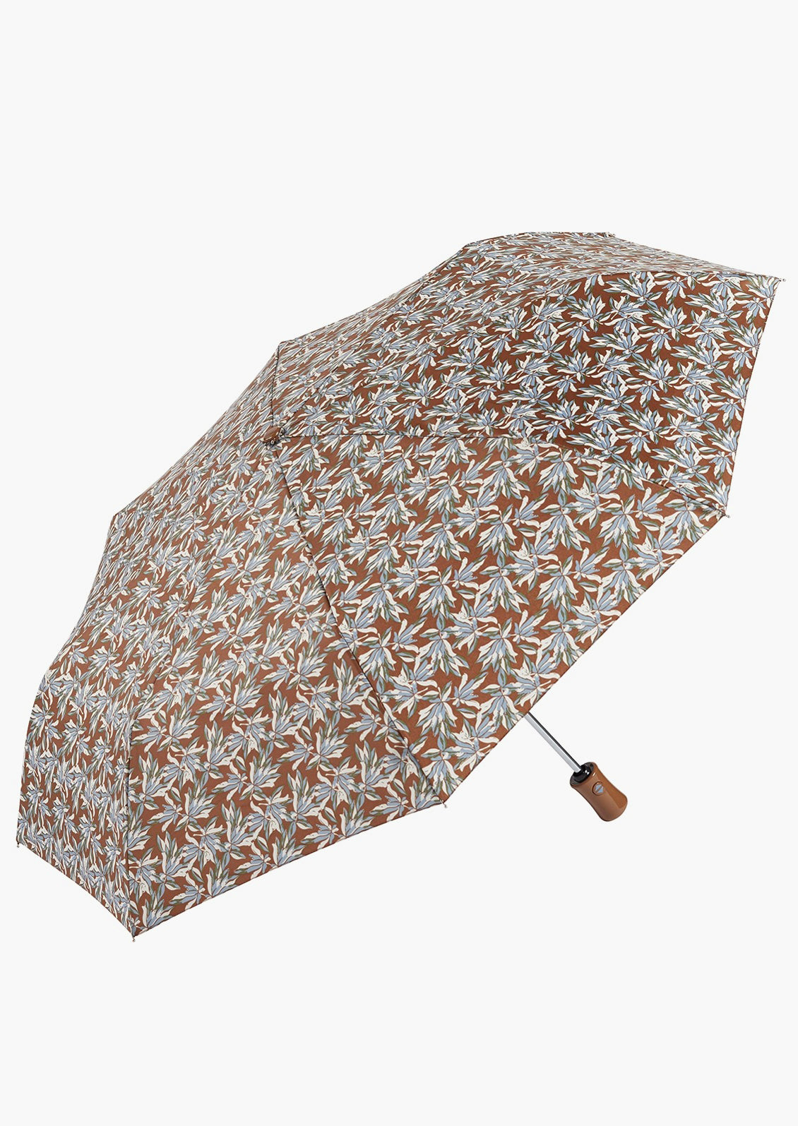 A brown and blue floral print umbrella.