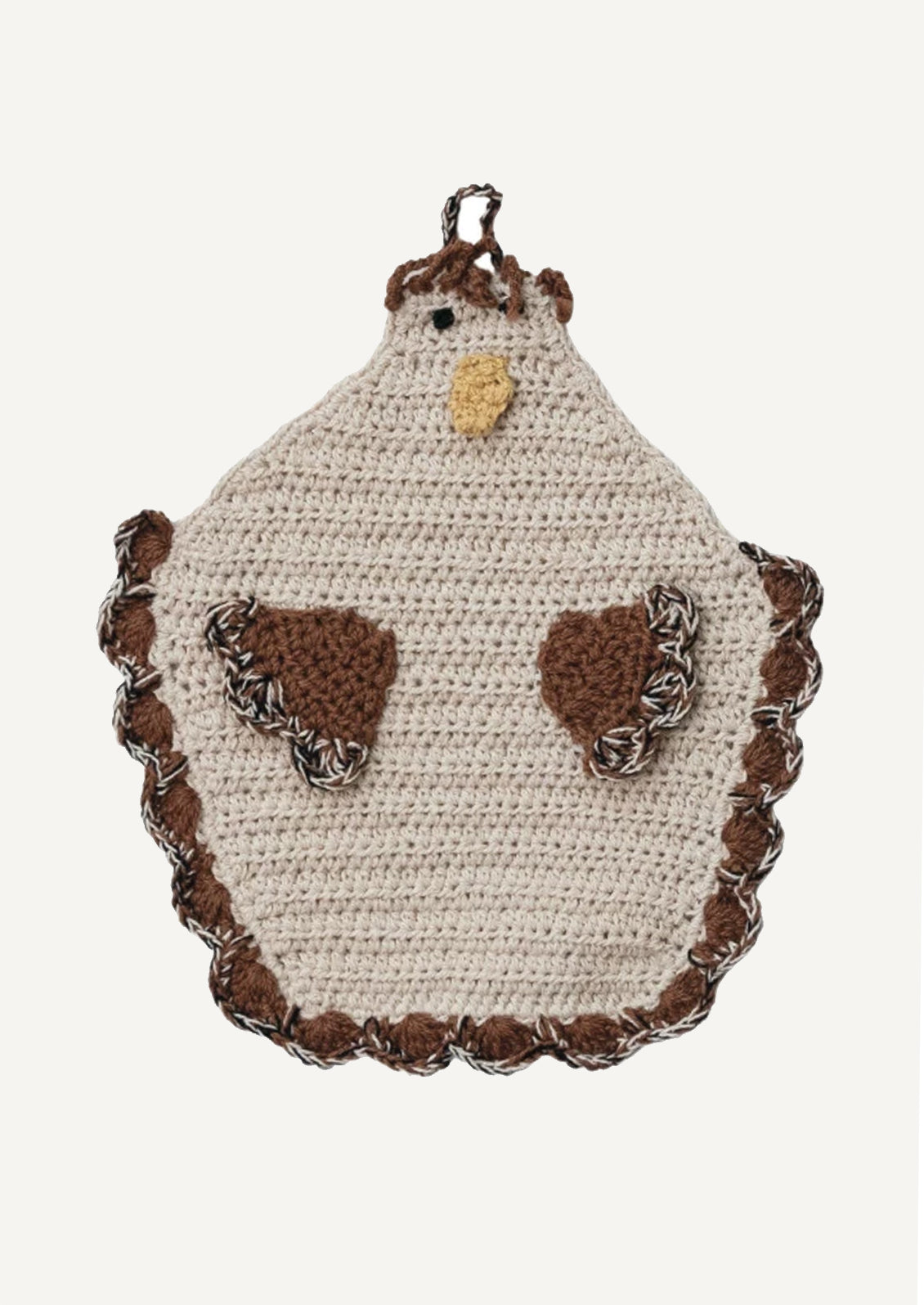 A crocheted potholder in the shape of a chicken, with brown detailing.