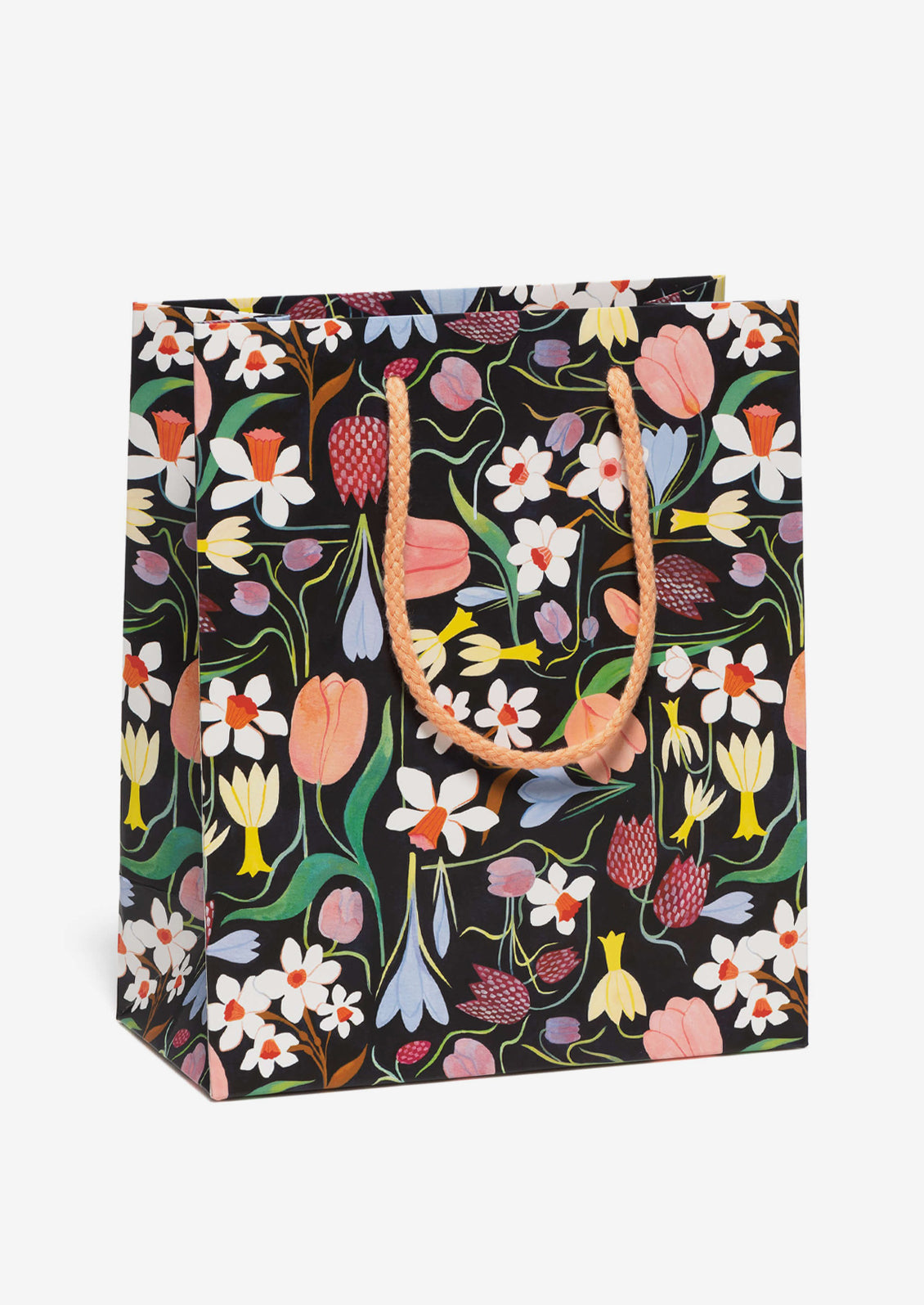 A printed gift bag with floral bulb print on black background.