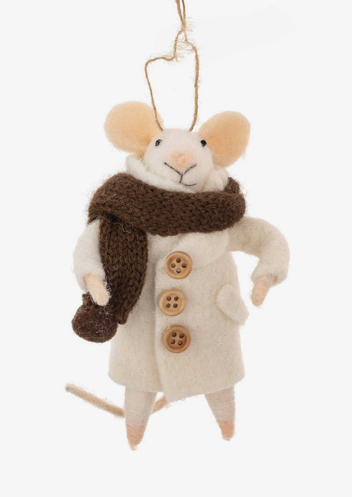 A felted white mouse ornament wearing brown scarf and white coat.