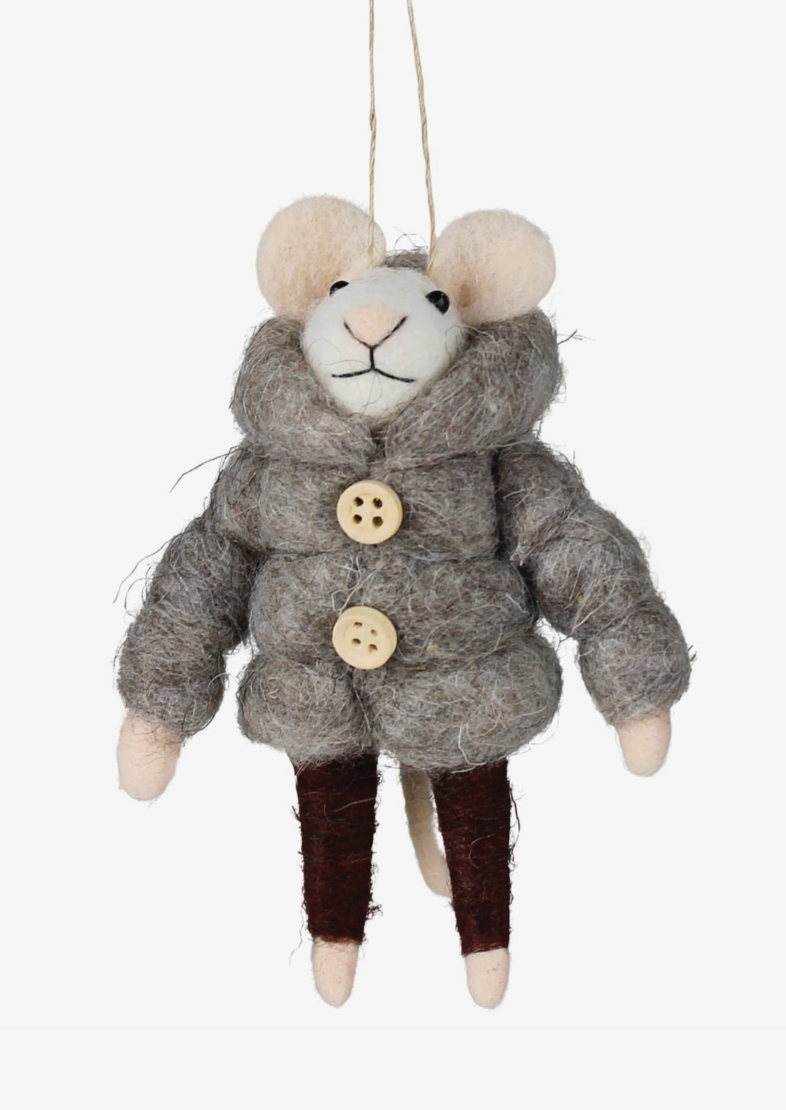 A holiday ornament of a felted white mouse in puffy jacket.