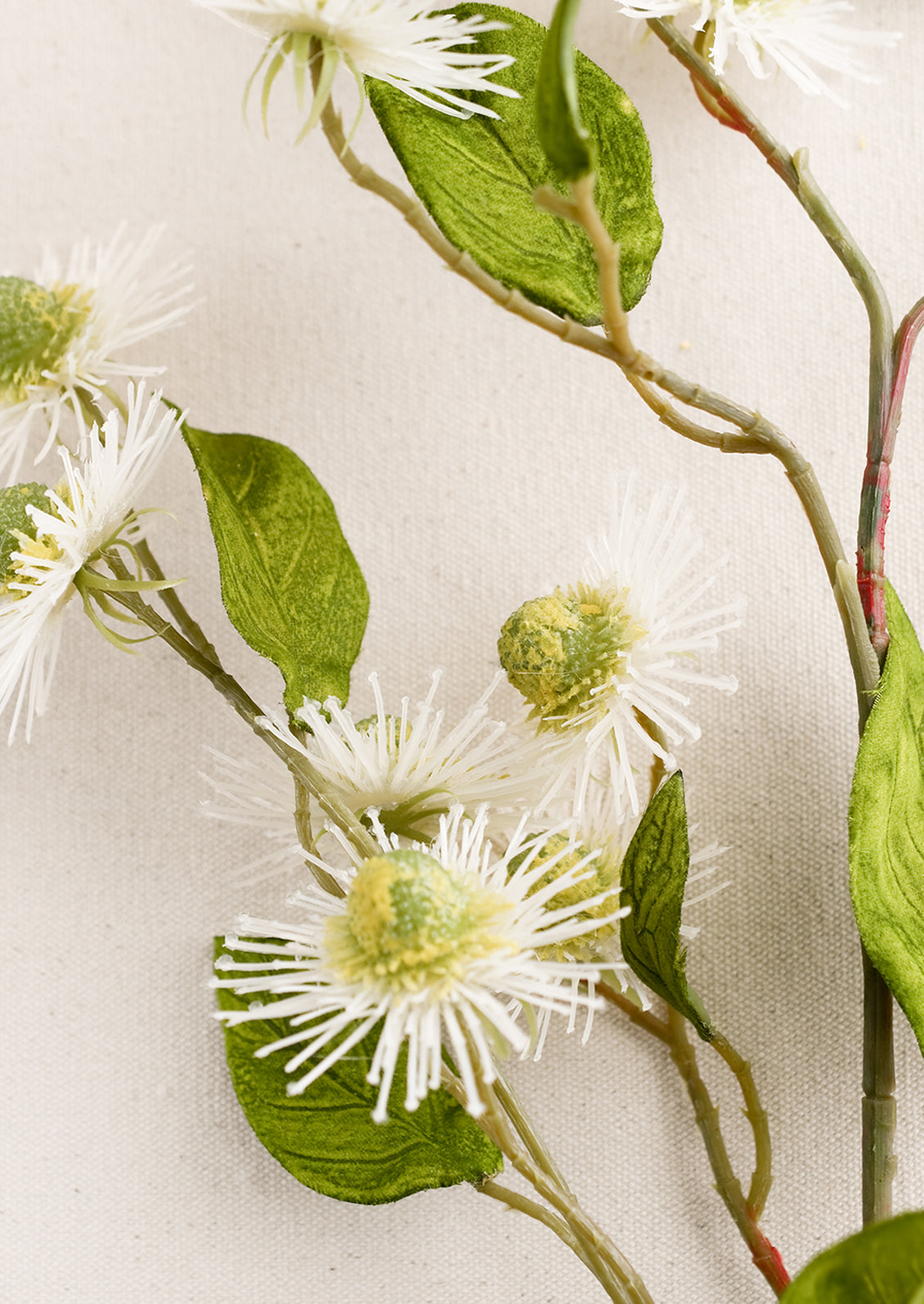 A faux flora spray of white buttonbush flower.