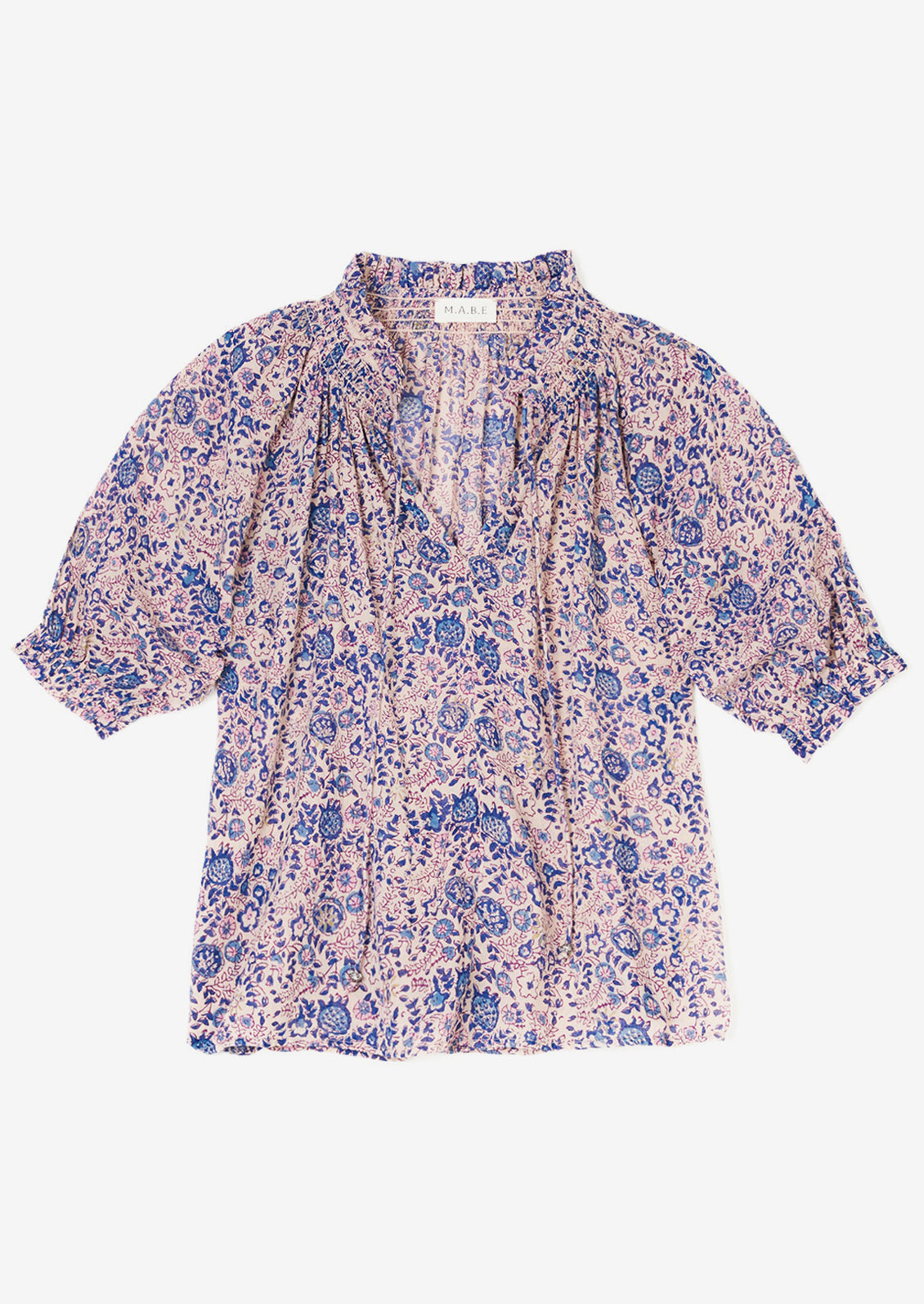 A purple, blue, and white floral printed shirt.