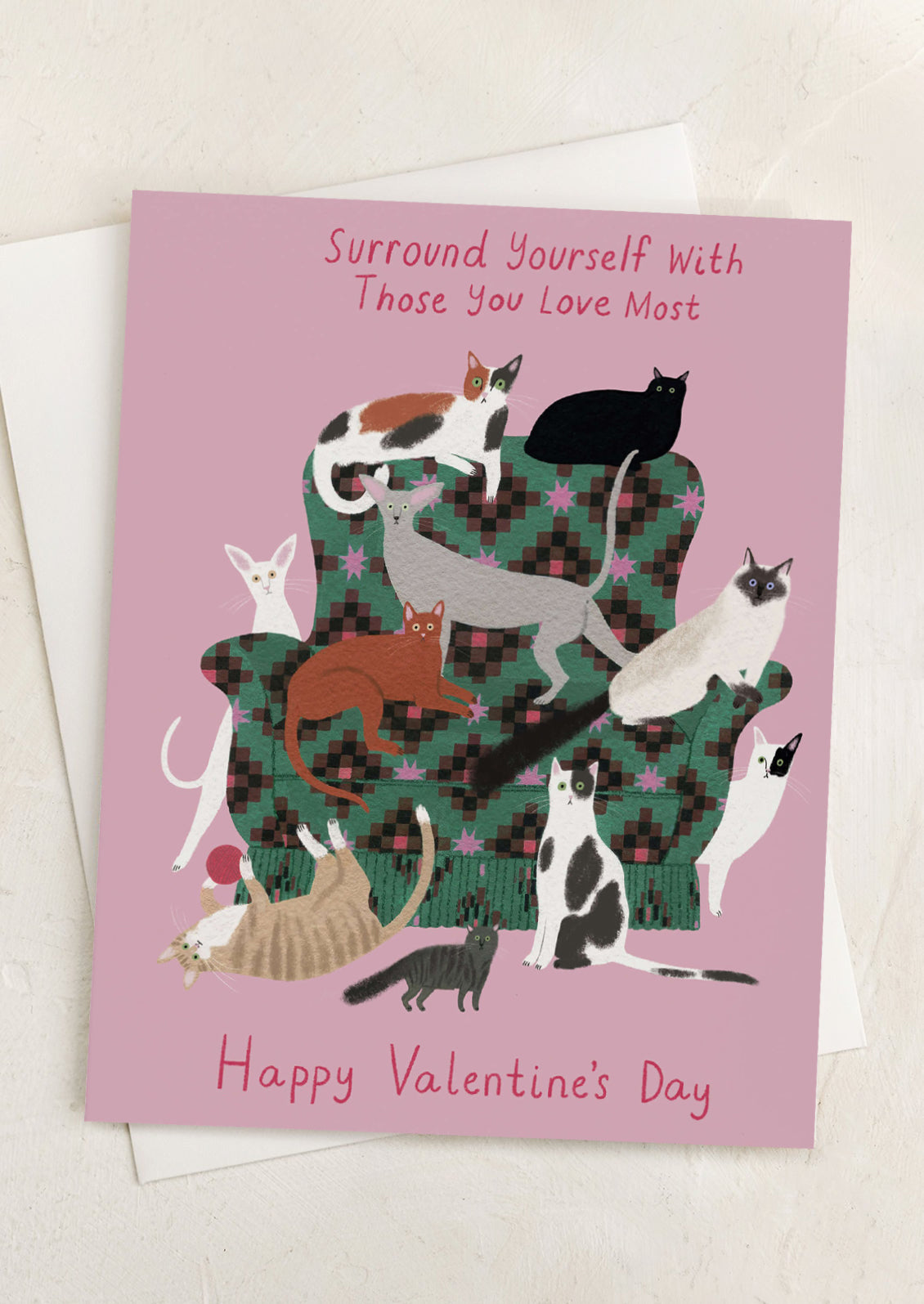 A card with illustration of several cats, text reads "Surround yourself with those who love you most, Happy Valentine's Day".