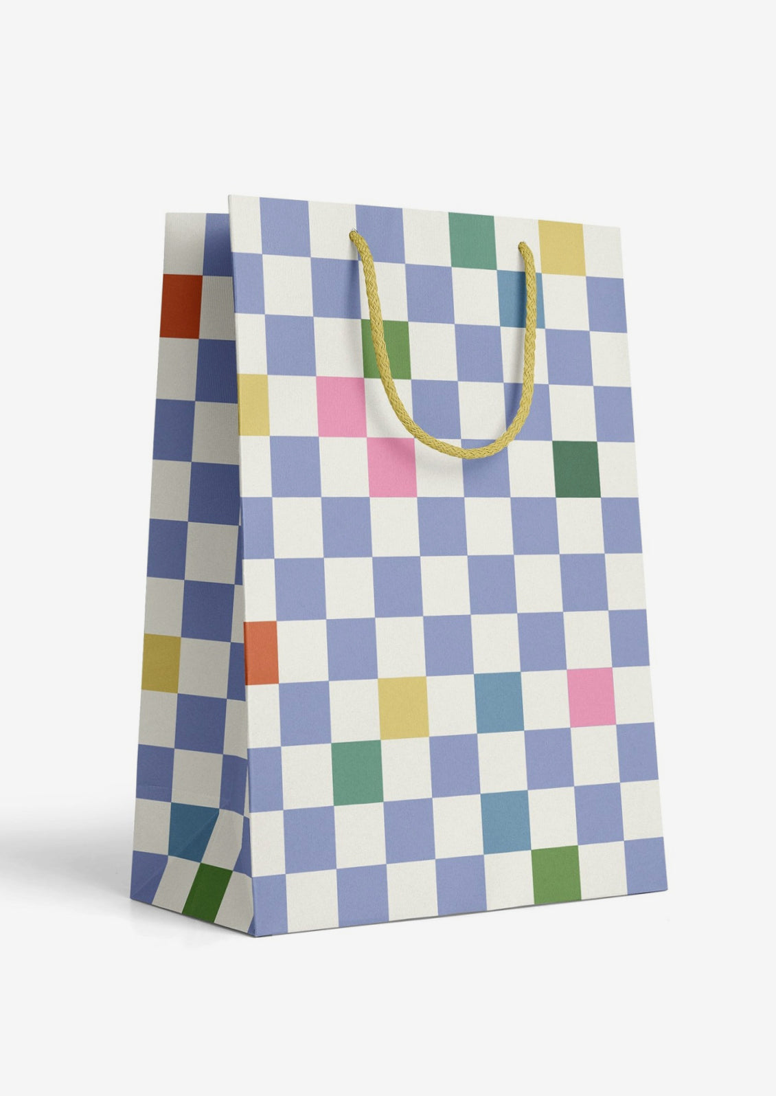 A printed gift bag with multicolor checker print.