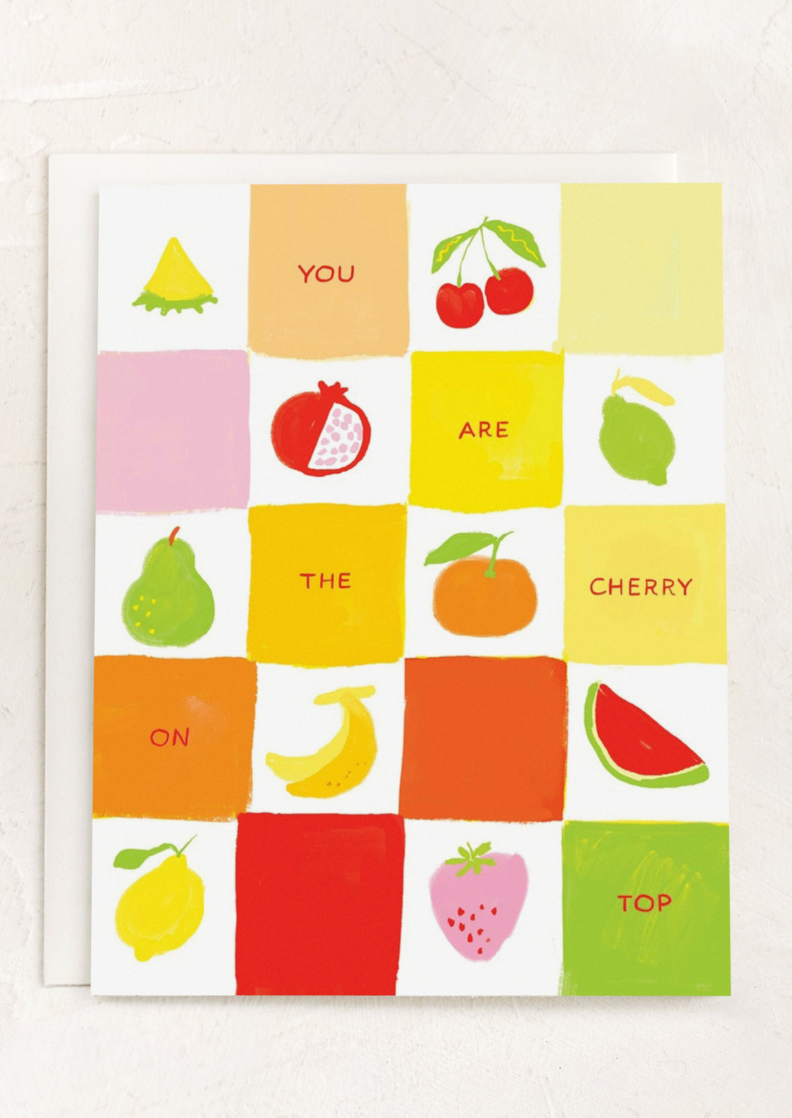 A fruit and checker print card with text reading "You are the cherry on top".