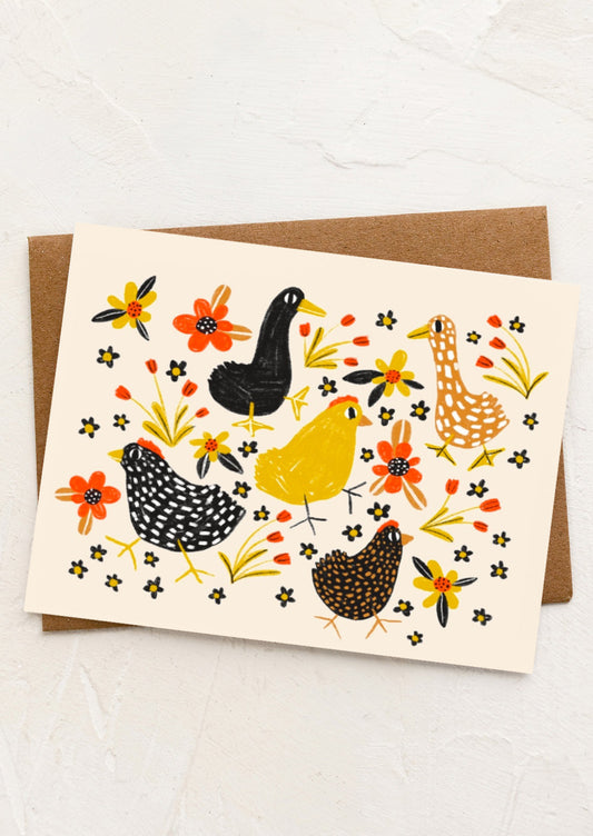 A card with illustration of chickens, ducks and flowers, no text.