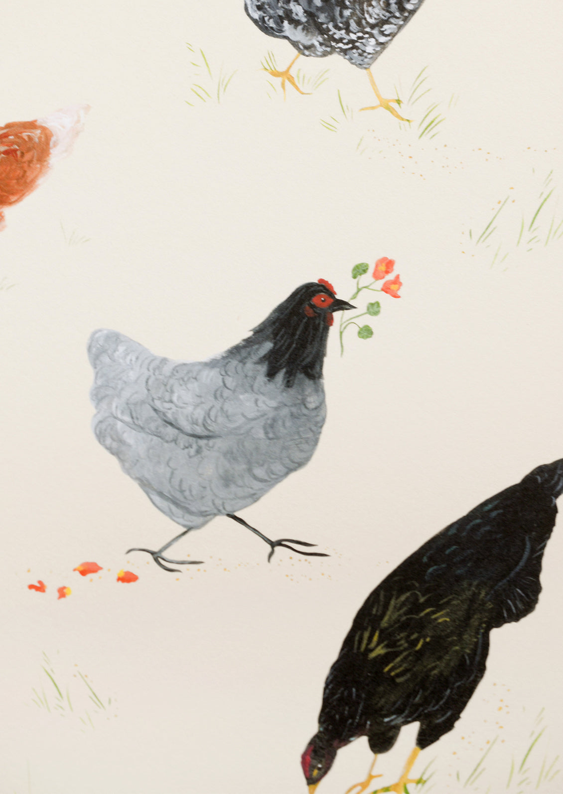 An illustrated art print of chickens.