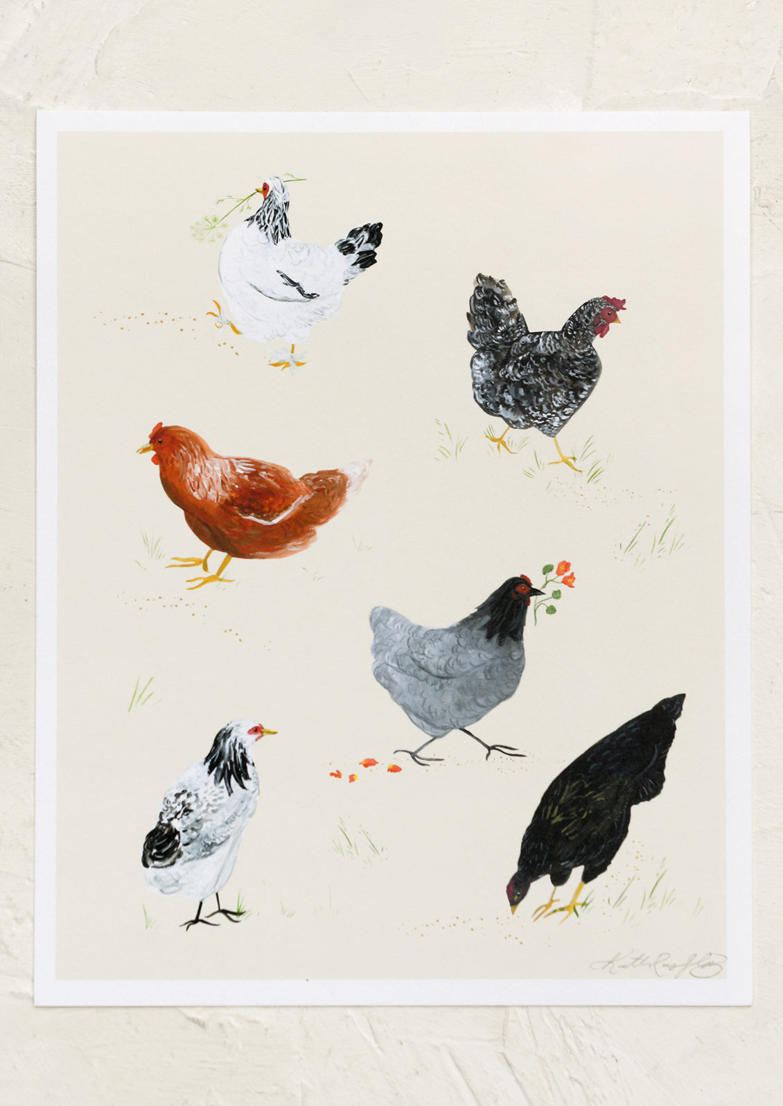 An illustrated art print of chickens.