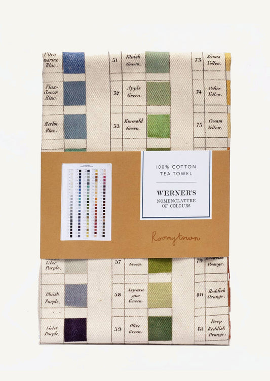 A cotton tea towel with color swatch print.