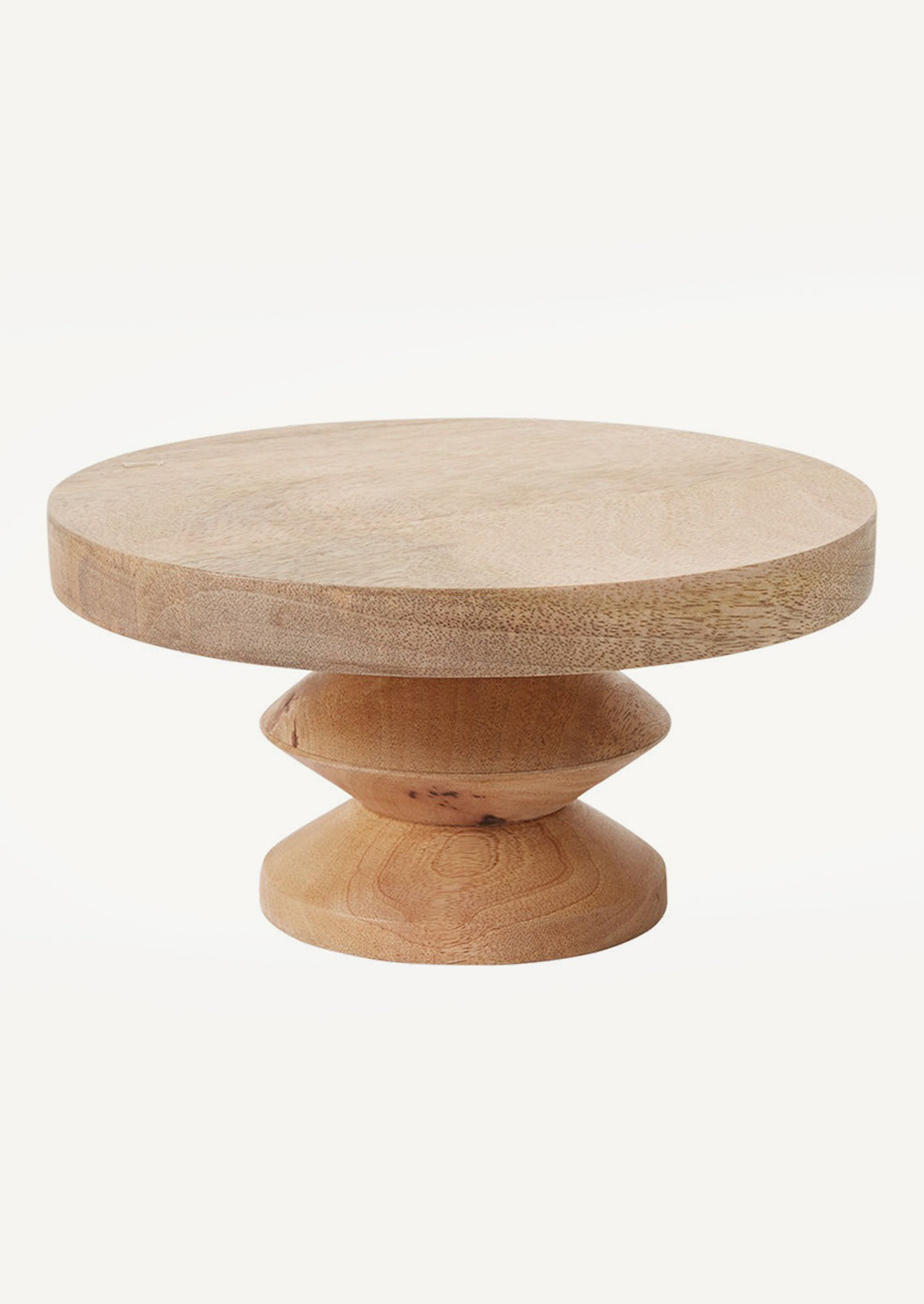 A light wood riser with sculptural saucer shaped base.