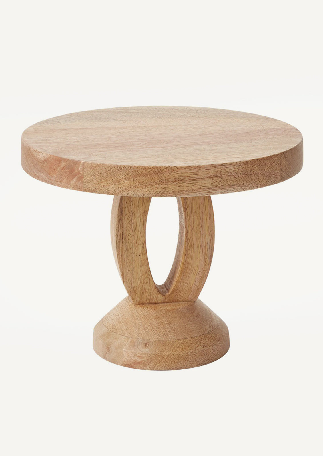 A light wood riser with sculptural oval cutout base.