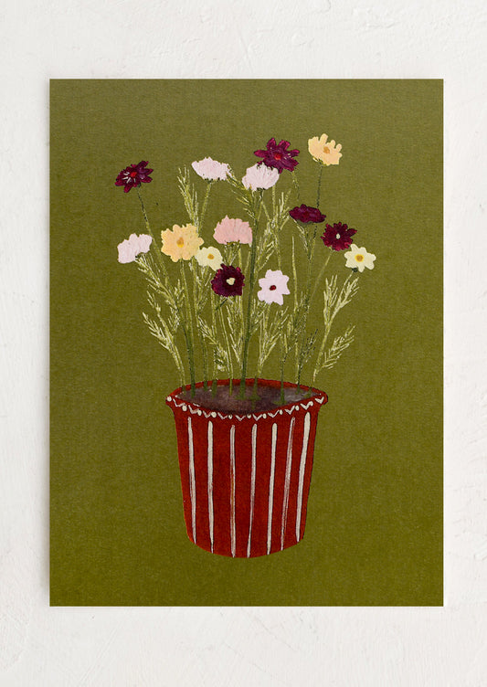 An illustrated art print of cosmos flowers in striped red pot on olive green background.