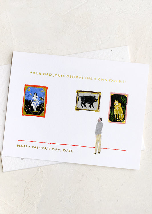 A card with image of man at museum, text reads "Your Dad Jokes Deserve Their Own Exhibit! Happy Father's Day".