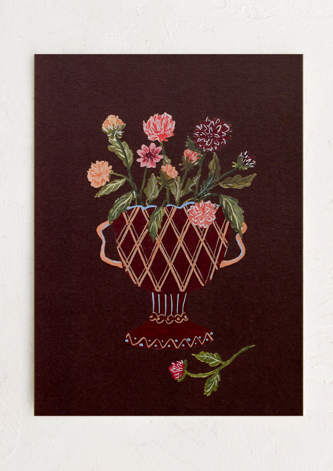 An illustrated art print of vase of dahlias on dark brown background.