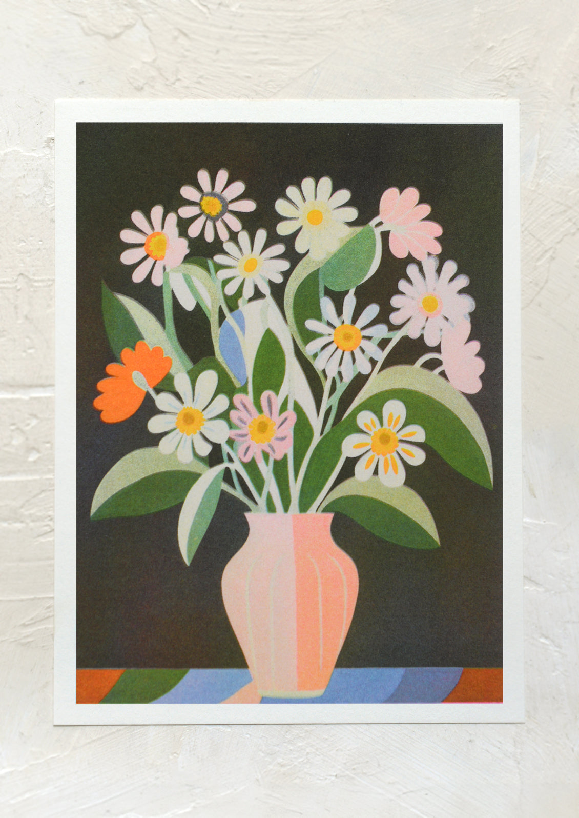An art print with vase of colorful flowers on black background.