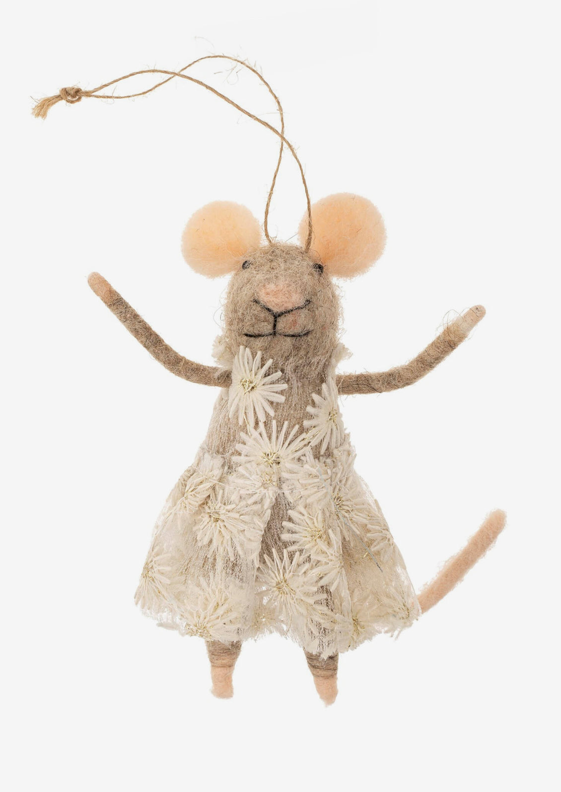 A felted tan mouse ornament wearing a daisy print dress.