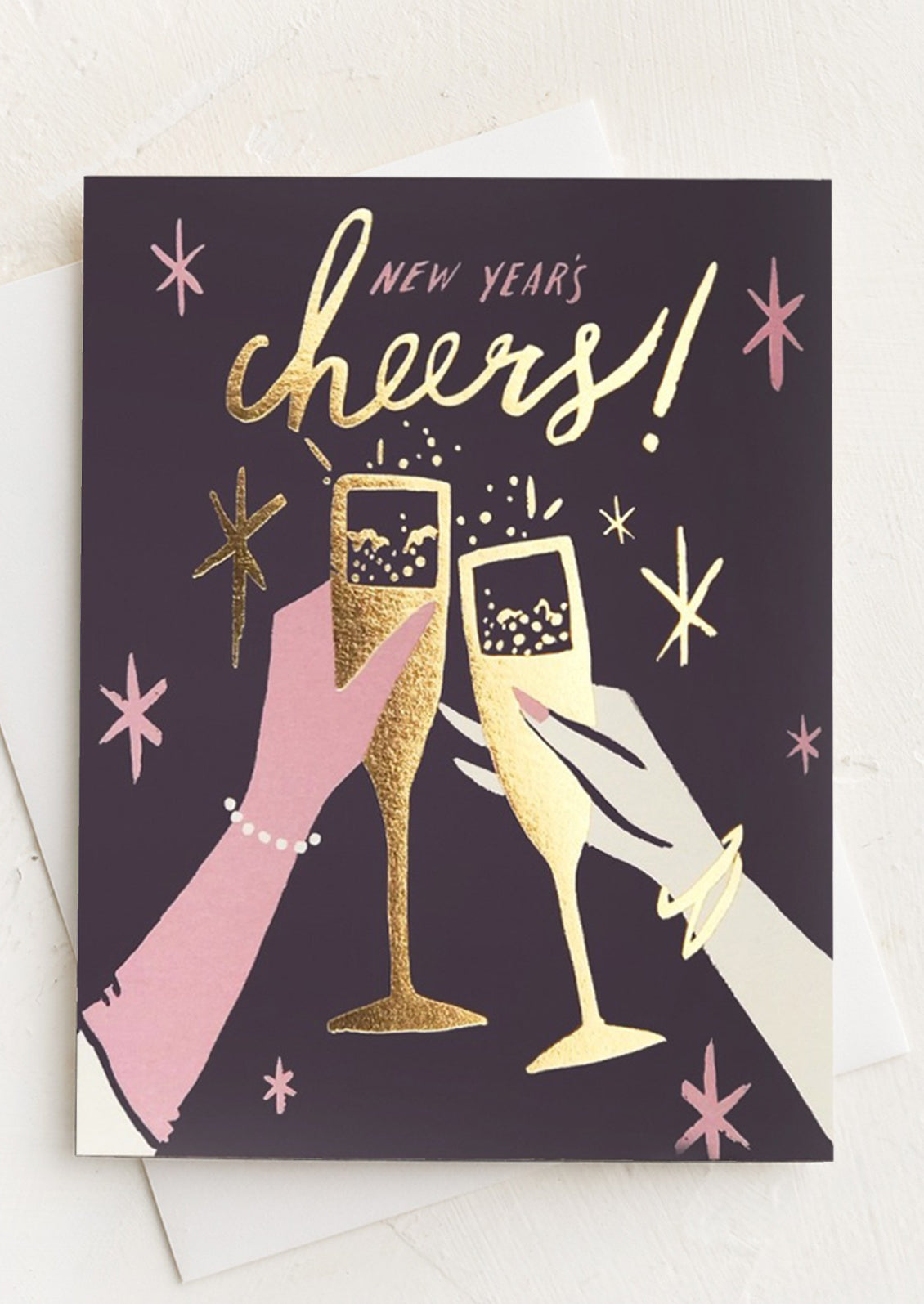 A card with image of hands clinking champagne flutes, text reads "New Year's Cheers!".