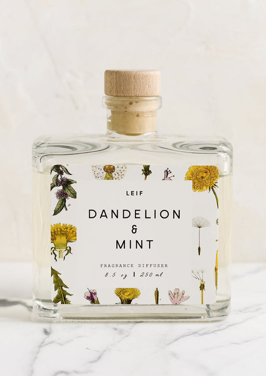 A dandelion and mint scented reed diffuser with glass bottle.