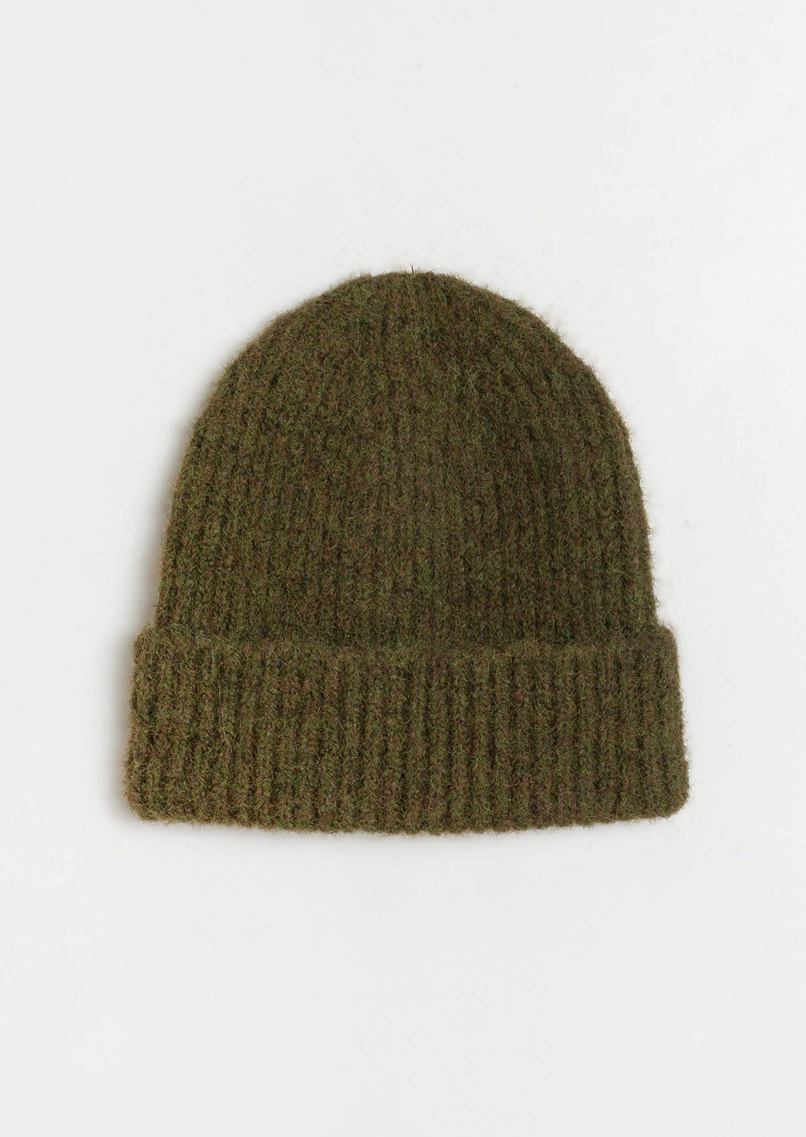 A fuzzy mohair beanie in olive.